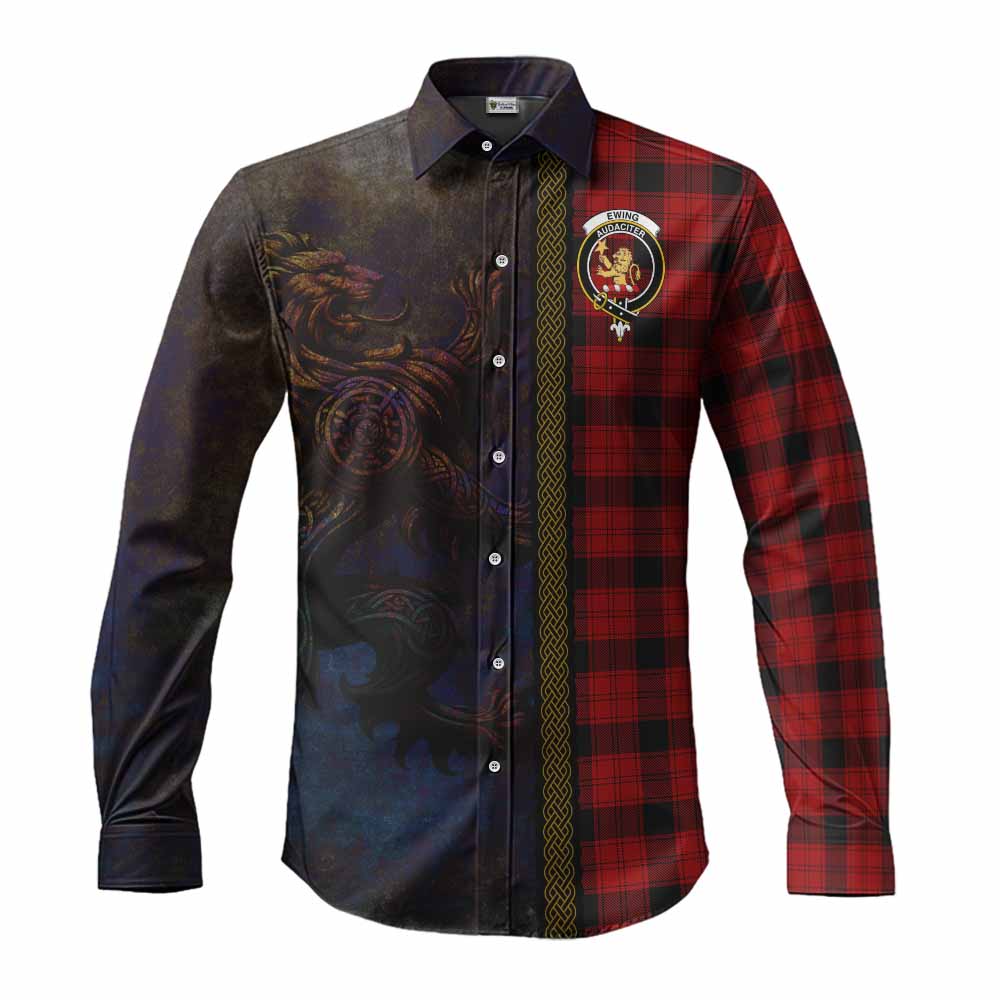 Tartan Vibes Clothing Ewing Tartan Family Crest Long Sleeve Button Shirt Alba Gu Brath Be Brave Lion Ancient Style