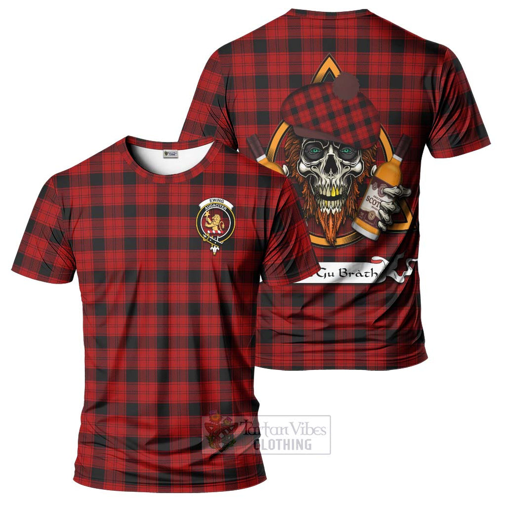 Tartan Vibes Clothing Ewing Tartan T-Shirt with Family Crest and Bearded Skull Holding Bottles of Whiskey