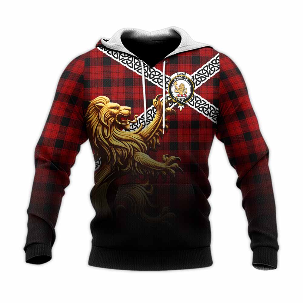 Tartan Vibes Clothing Ewing Crest Tartan Knitted Hoodie with Golden Lion Emblem Celtic Style