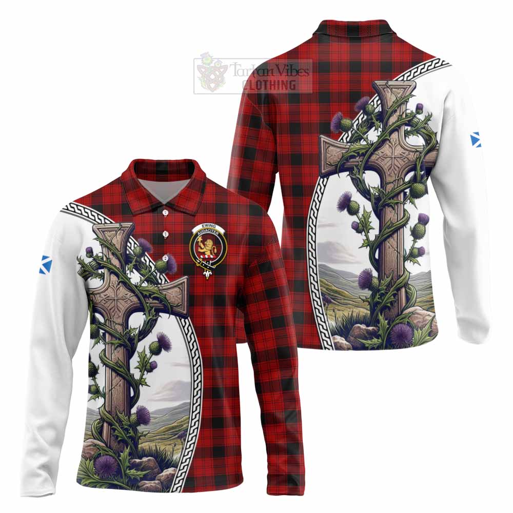Tartan Vibes Clothing Ewing Tartan Long Sleeve Polo Shirt with Family Crest and St. Andrew's Cross Accented by Thistle Vines
