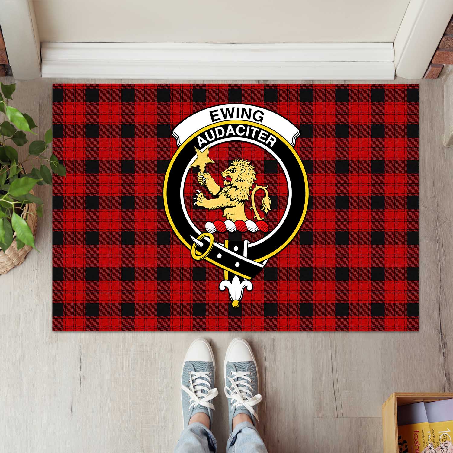 Ewing Tartan Door Mat with Family Crest - Tartanvibesclothing