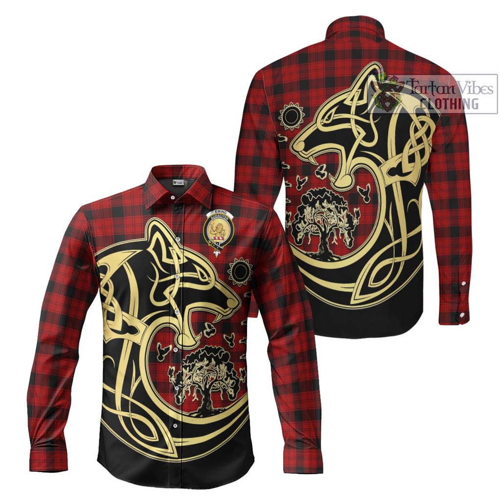 Ewing Tartan Long Sleeve Button Shirt with Family Crest Celtic Wolf Style Men's Shirt S - Tartan Vibes Clothing