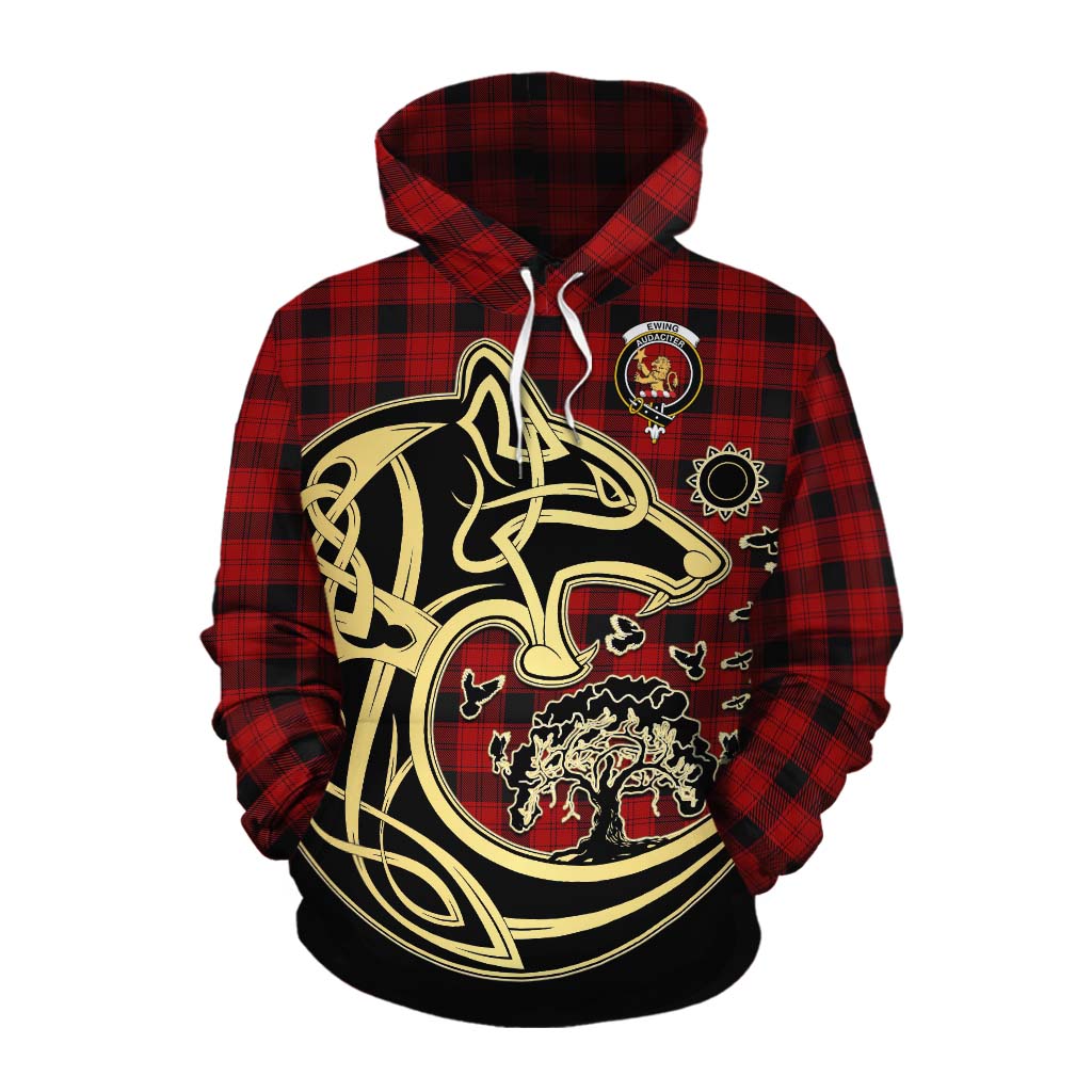 Tartan Vibes Clothing Ewing Tartan Cotton Hoodie with Family Crest Celtic Wolf Style