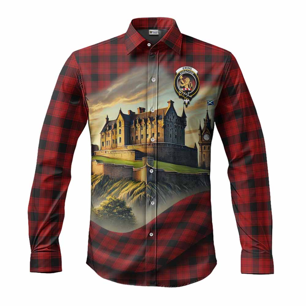 Tartan Vibes Clothing Ewing Tartan Family Crest Long Sleeve Button Shirt with Scottish Ancient Castle Style