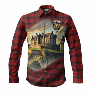 Ewing Tartan Family Crest Long Sleeve Button Shirt with Scottish Ancient Castle Style