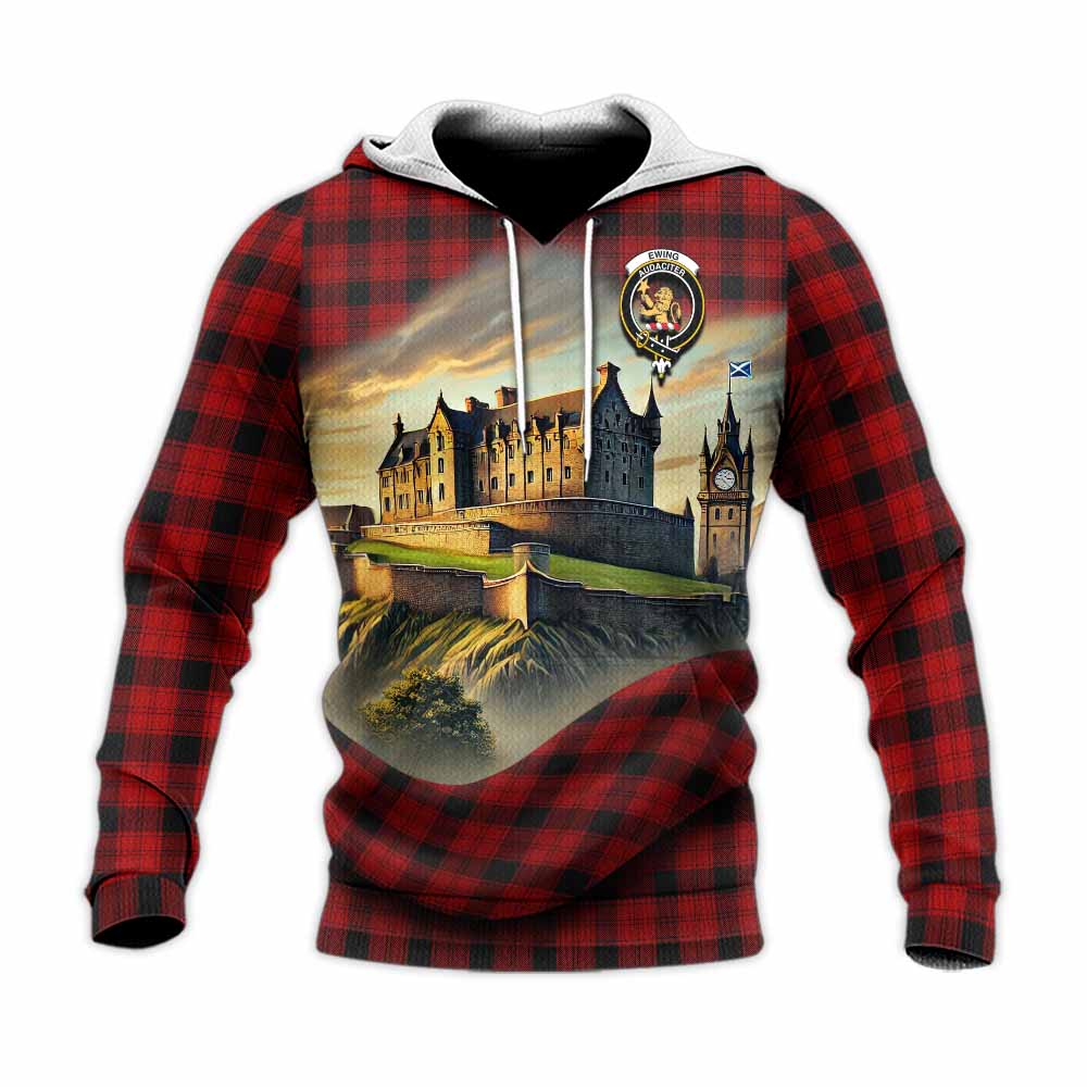 Tartan Vibes Clothing Ewing Tartan Family Crest Knitted Hoodie with Scottish Ancient Castle Style
