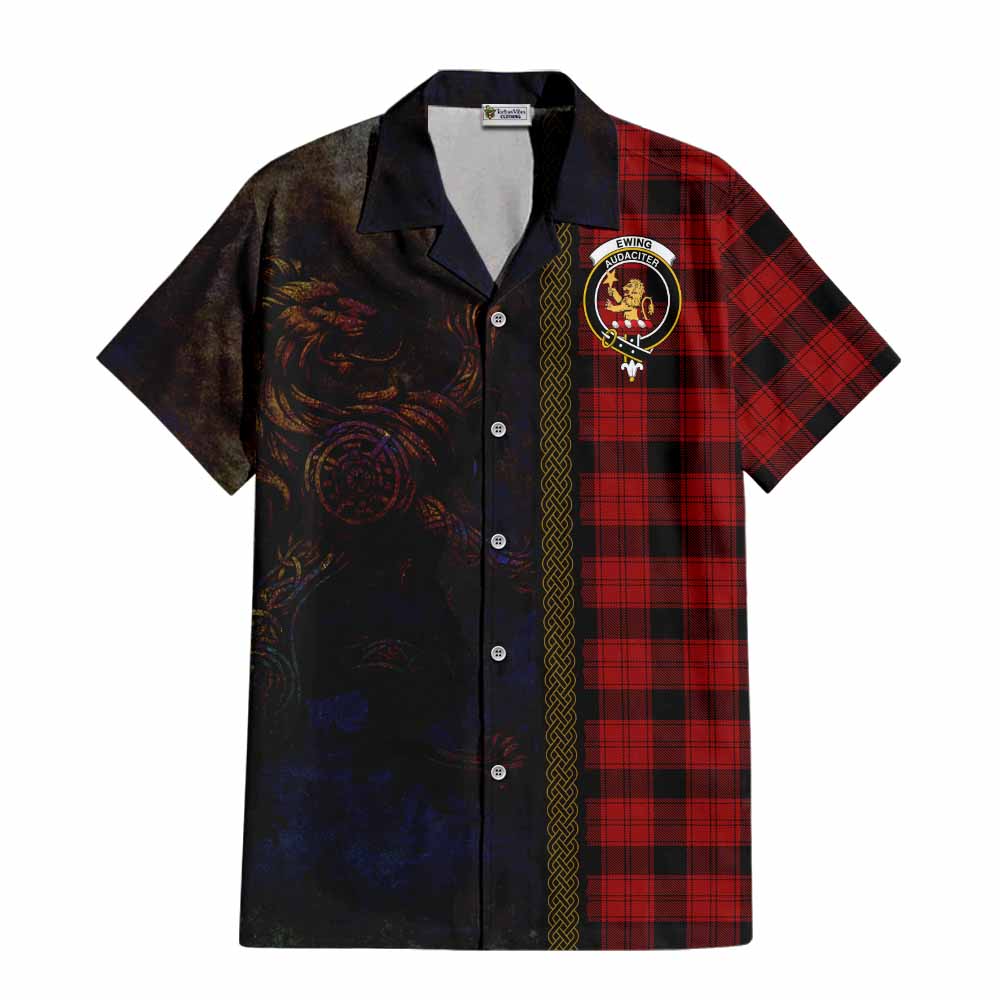 Tartan Vibes Clothing Ewing Tartan Family Crest Short Sleeve Button Shirt Alba Gu Brath Be Brave Lion Ancient Style