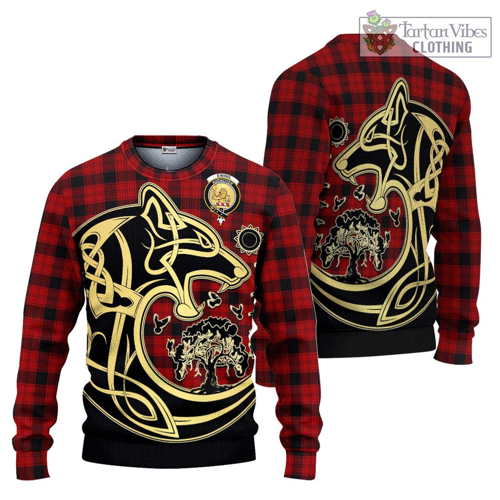 Ewing Tartan Knitted Sweater with Family Crest Celtic Wolf Style Unisex - Tartan Vibes Clothing