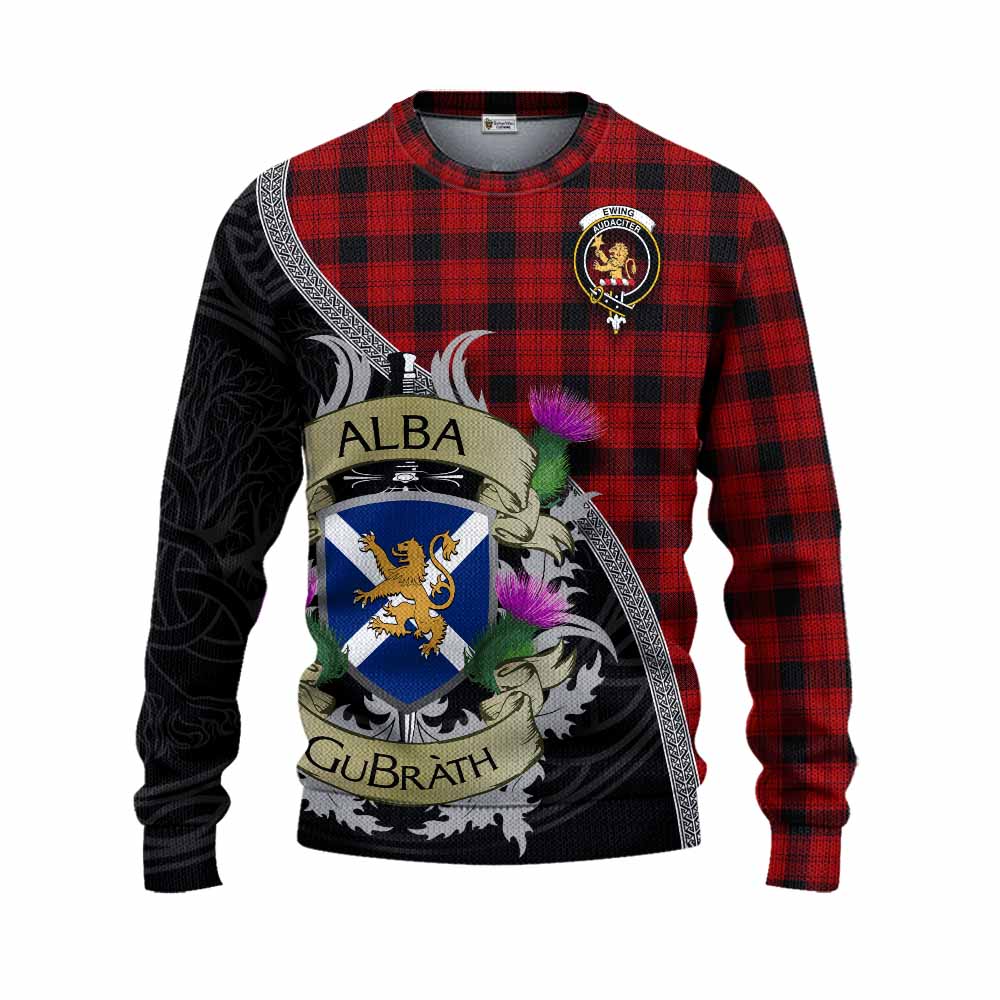 Tartan Vibes Clothing Ewing Tartan Family Crest Knitted Sweater Lion Rampant Royal Thistle Shield Celtic Inspired