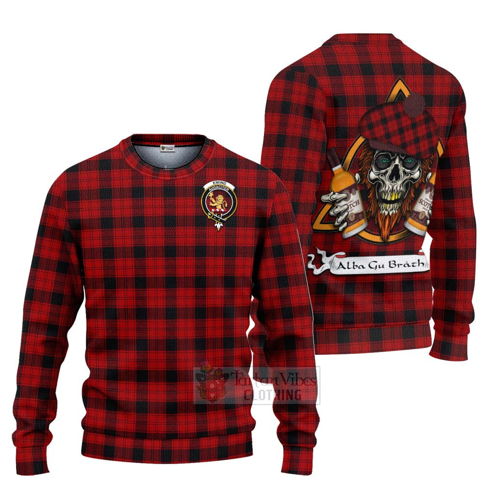 Tartan Vibes Clothing Ewing Tartan Knitted Sweater with Family Crest and Bearded Skull Holding Bottles of Whiskey