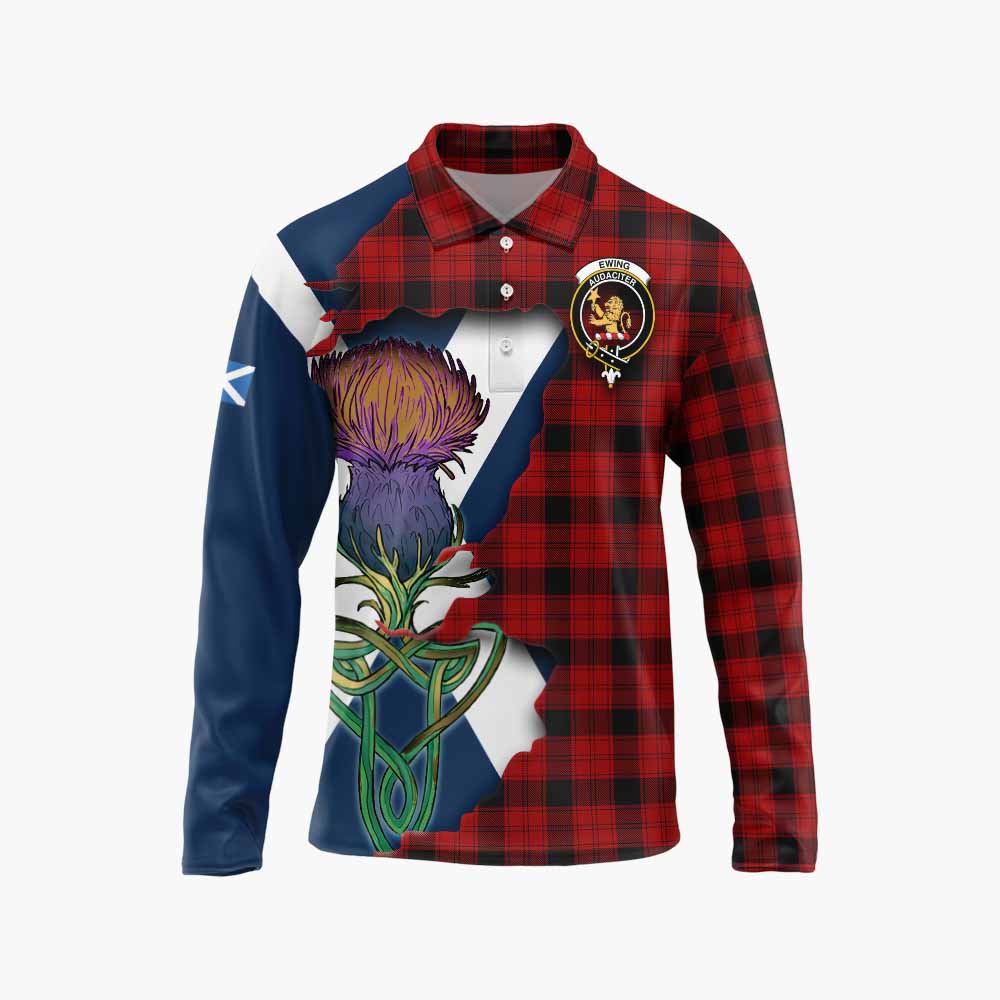Tartan Vibes Clothing Ewing Tartan Family Crest Long Sleeve Polo Shirt Scottish Thistle Celtic Inspired