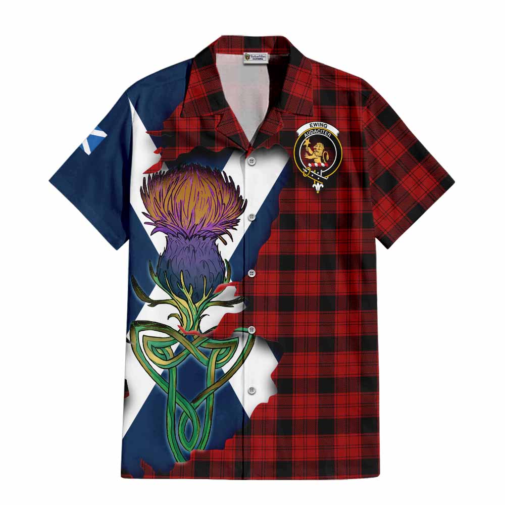 Tartan Vibes Clothing Ewing Tartan Family Crest Short Sleeve Button Shirt Scottish Thistle Celtic Inspired