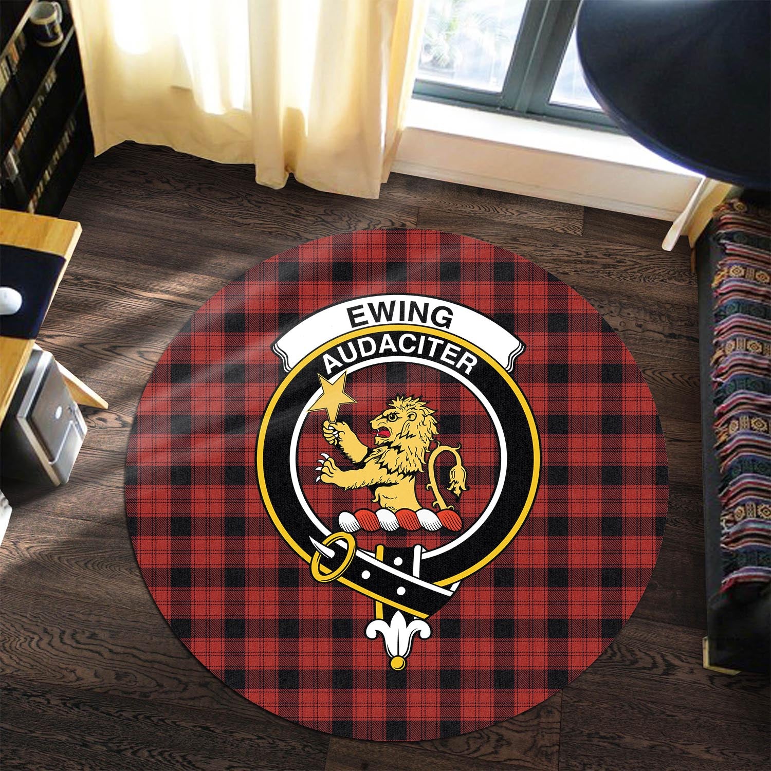 Ewing Tartan Round Rug with Family Crest - Tartanvibesclothing