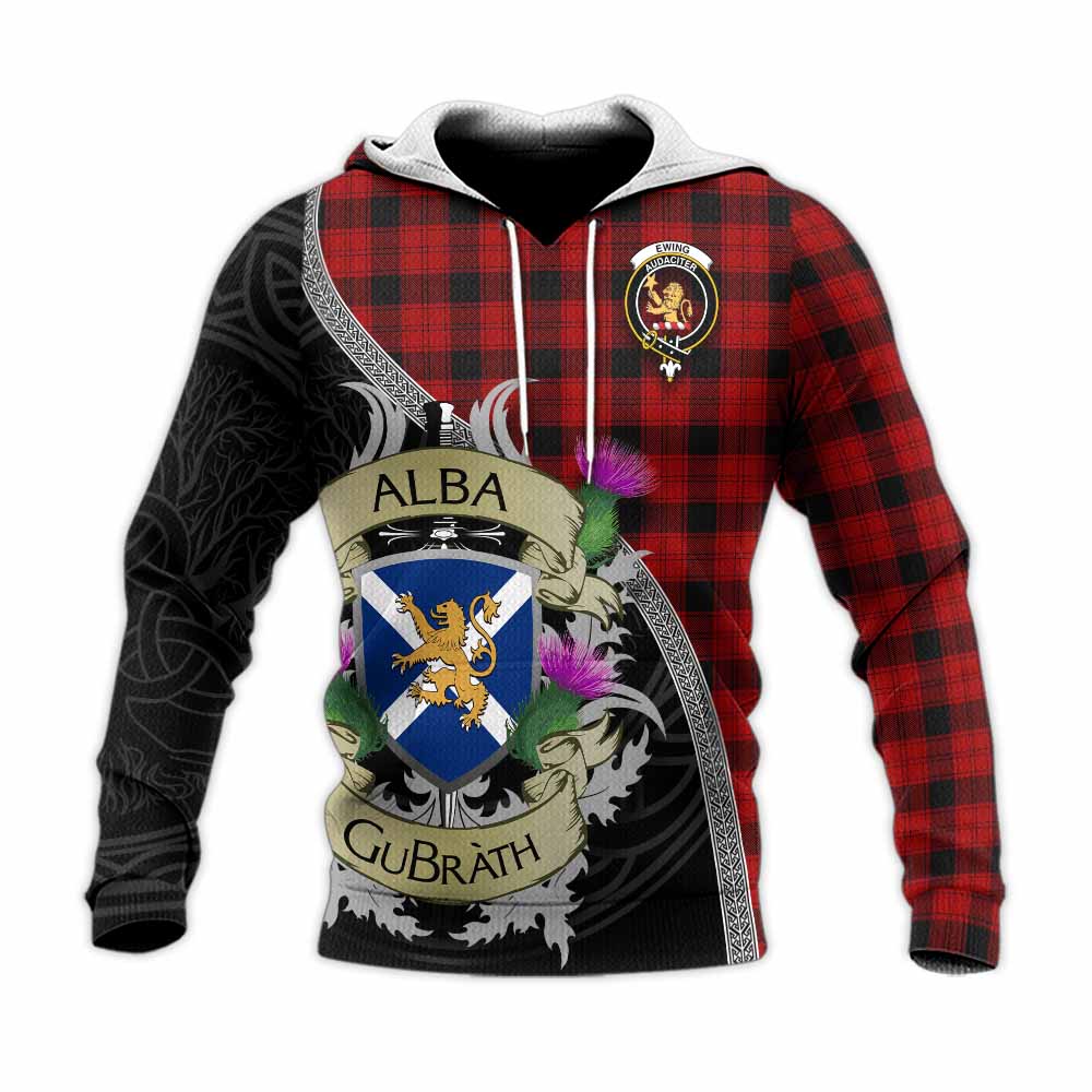 Tartan Vibes Clothing Ewing Tartan Family Crest Knitted Hoodie Lion Rampant Royal Thistle Shield Celtic Inspired