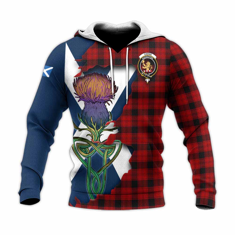 Tartan Vibes Clothing Ewing Tartan Family Crest Knitted Hoodie Scottish Thistle Celtic Inspired