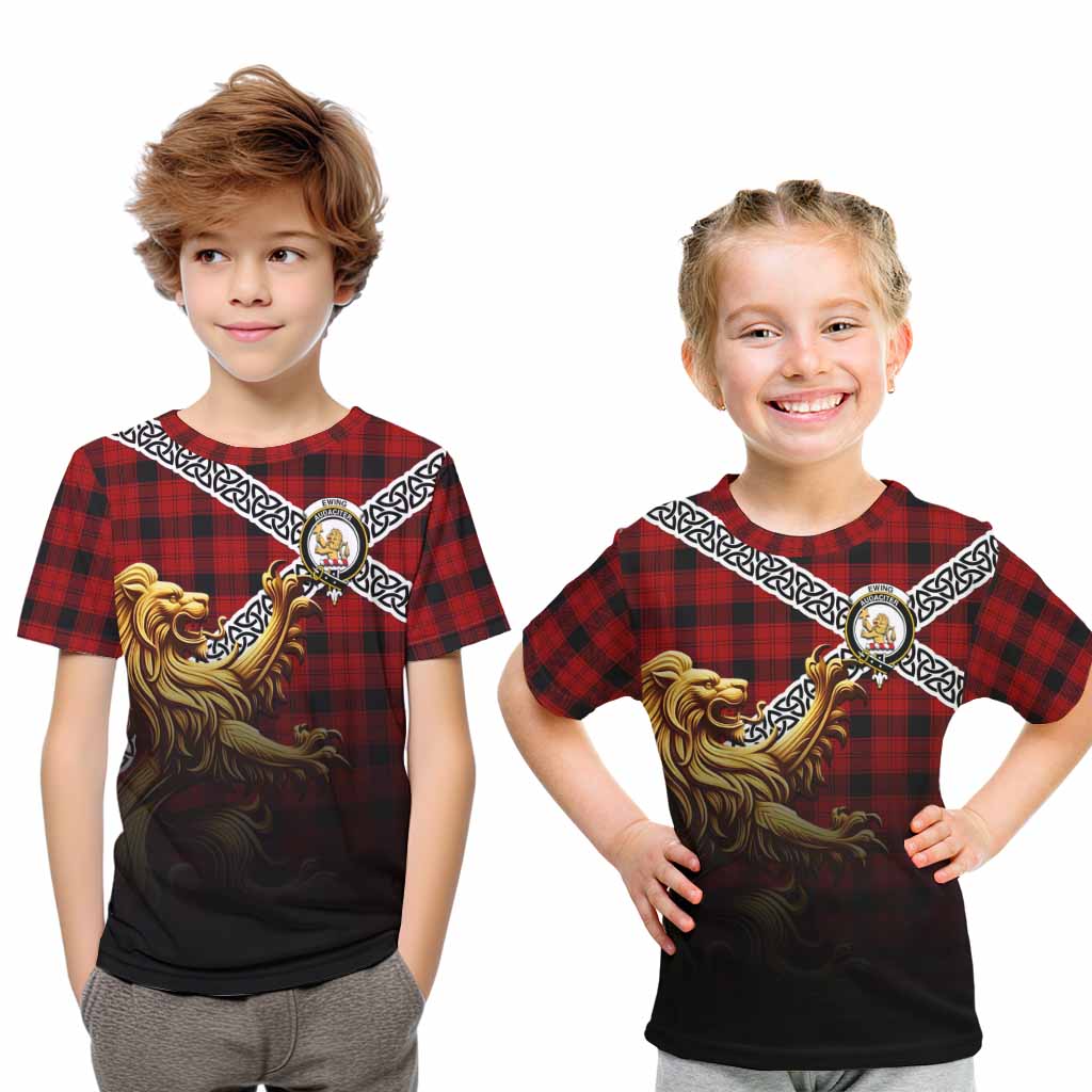 Tartan Vibes Clothing Ewing Crest Tartan Kid T-Shirt with Golden Lion Emblem Celtic Style
