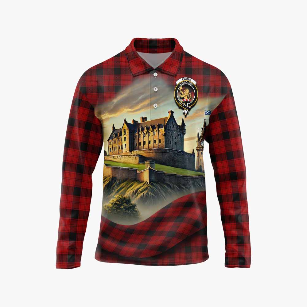 Tartan Vibes Clothing Ewing Tartan Family Crest Long Sleeve Polo Shirt with Scottish Ancient Castle Style
