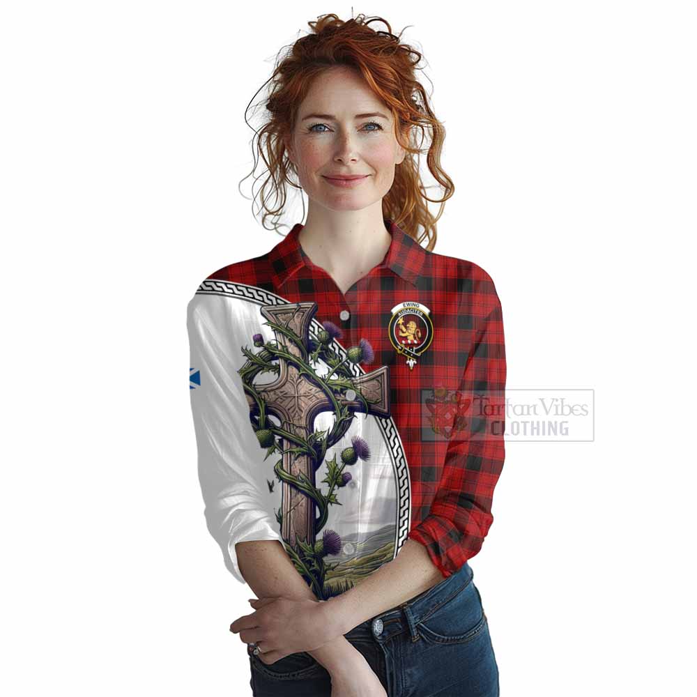 Tartan Vibes Clothing Ewing Tartan Women's Casual Shirt with Family Crest and St. Andrew's Cross Accented by Thistle Vines