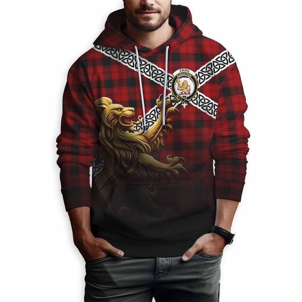 Tartan Vibes Clothing Ewing Crest Tartan Hoodie with Golden Lion Emblem Celtic Style