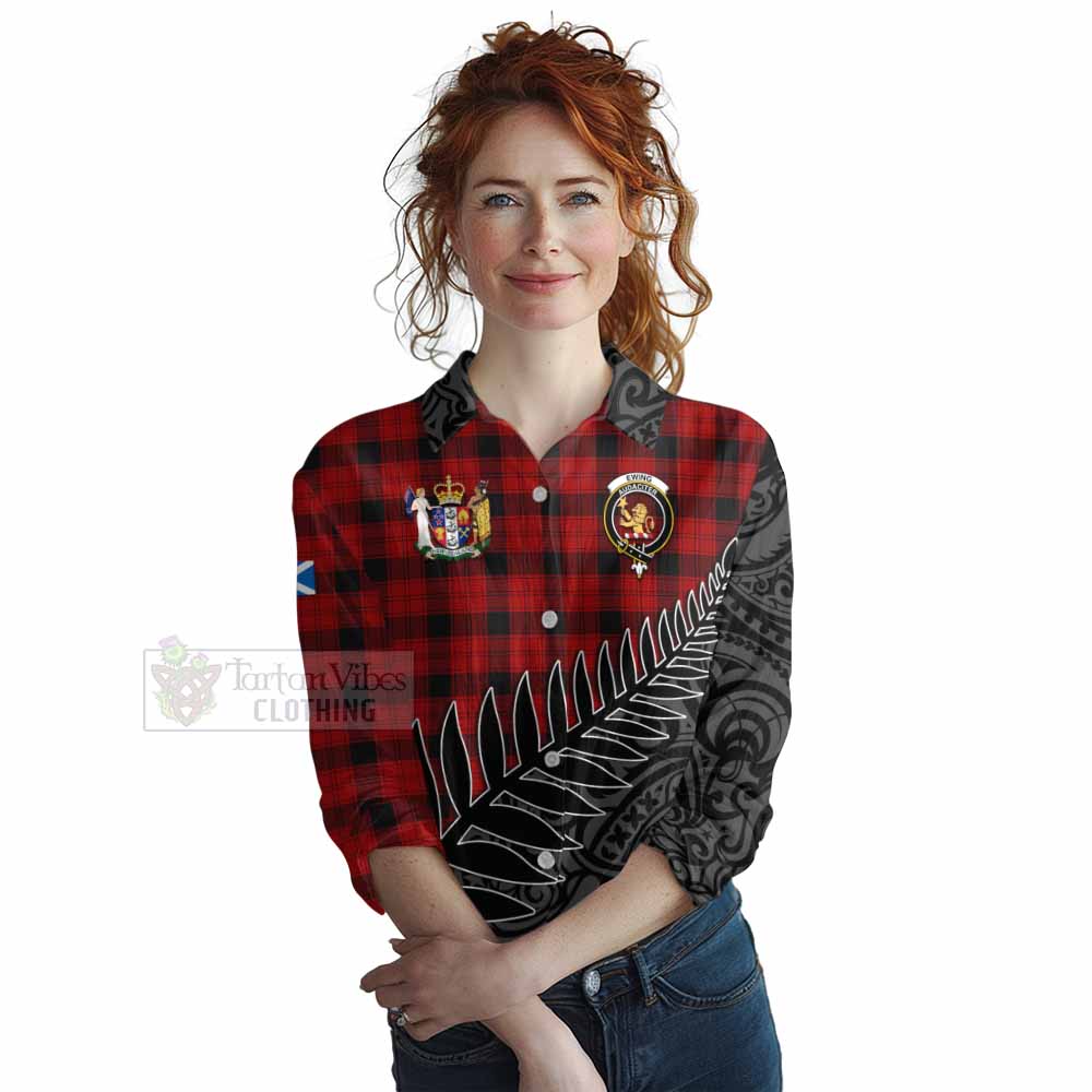 Tartan Vibes Clothing Ewing Crest Tartan Women's Casual Shirt with New Zealand Silver Fern Half Style