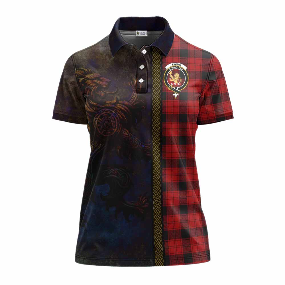 Tartan Vibes Clothing Ewing Tartan Family Crest Women's Polo Shirt Alba Gu Brath Be Brave Lion Ancient Style