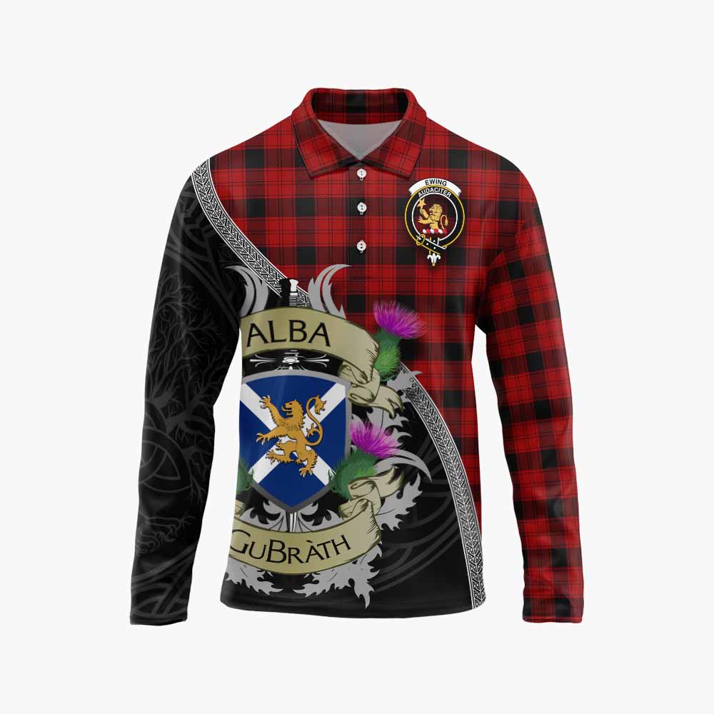 Tartan Vibes Clothing Ewing Tartan Family Crest Long Sleeve Polo Shirt Lion Rampant Royal Thistle Shield Celtic Inspired