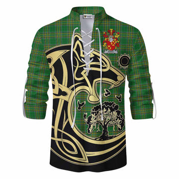 Ewing Irish Tartan Ghillie Kilt Shirt with Coat of Arms Celtic Wolf Style Men - Tartan Vibes Clothing