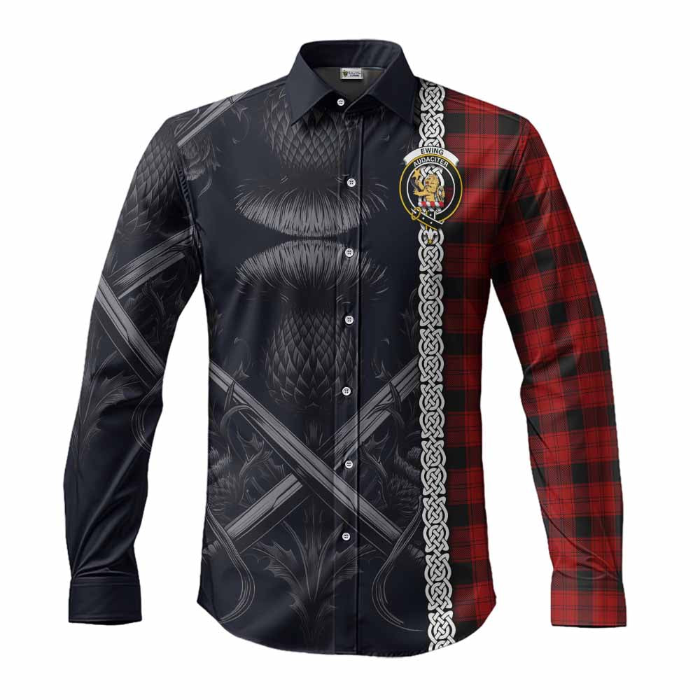 Tartan Vibes Clothing Ewing Tartan Long Sleeve Button Shirt with Family Crest Cross Sword Thistle Celtic Vibes