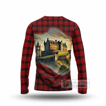 Tartan Vibes Clothing Ewing Tartan Family Crest Long Sleeve T-Shirt with Scottish Ancient Castle Style