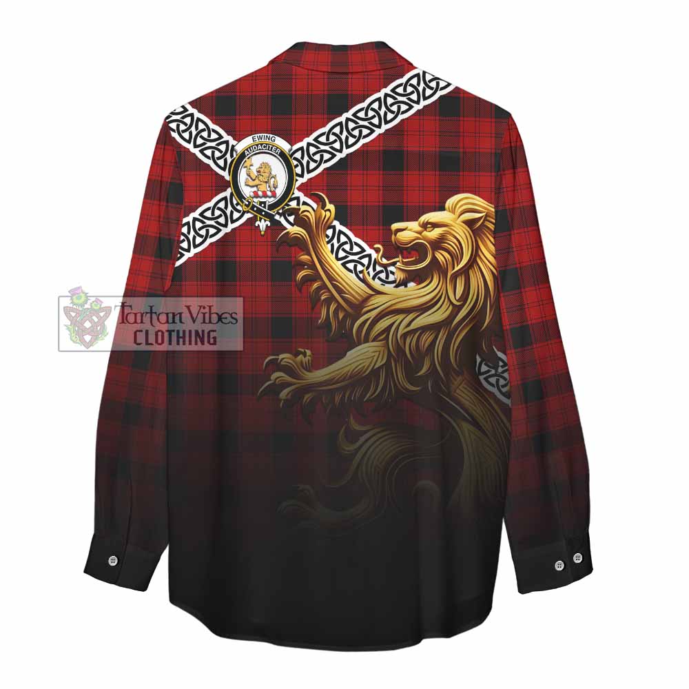 Tartan Vibes Clothing Ewing Crest Tartan Women's Casual Shirt with Golden Lion Emblem Celtic Style
