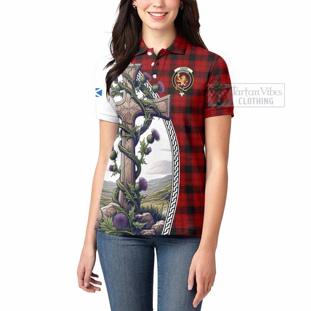 Tartan Vibes Clothing Ewing Tartan Women's Polo Shirt with Family Crest and St. Andrew's Cross Accented by Thistle Vines