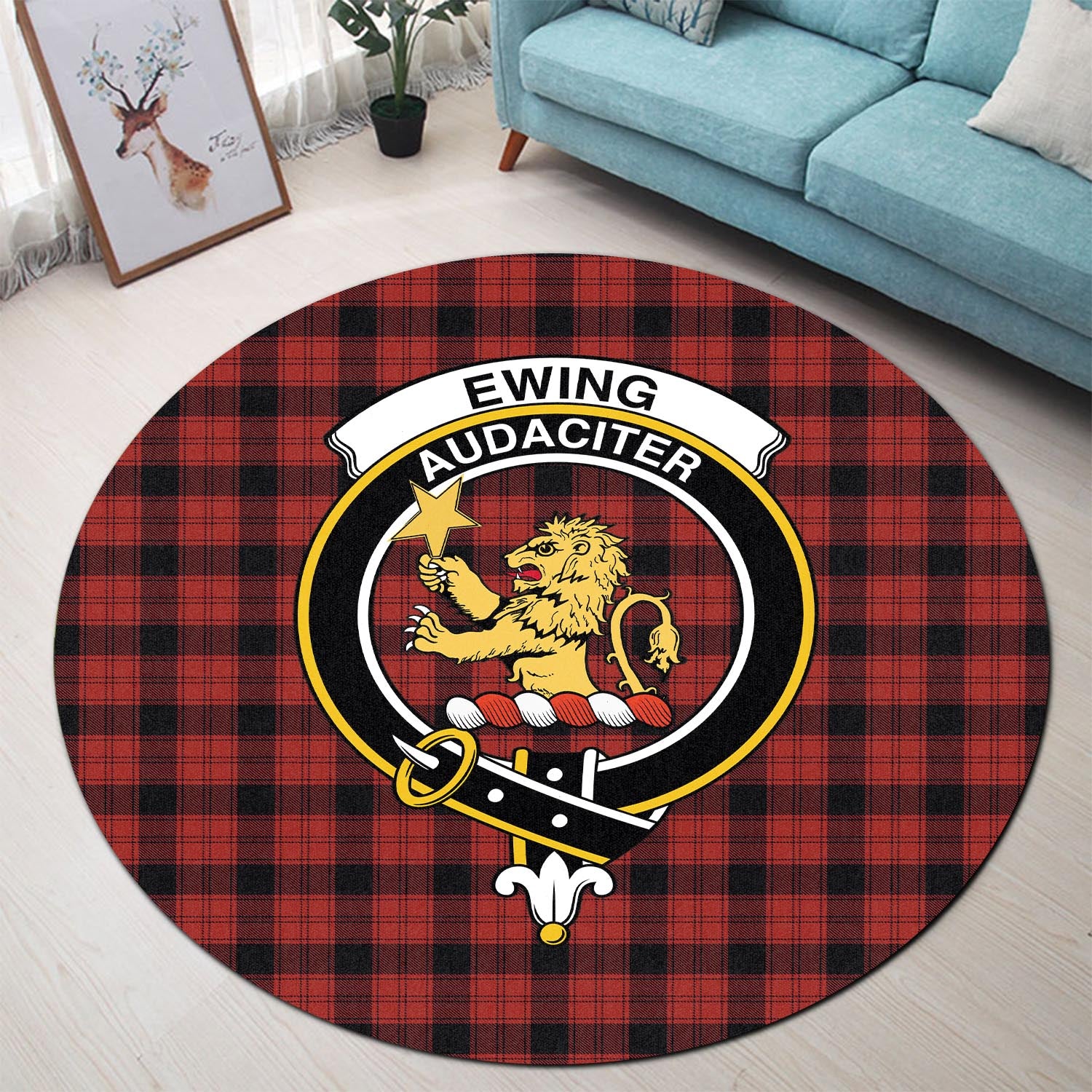 Ewing Tartan Round Rug with Family Crest - Tartanvibesclothing