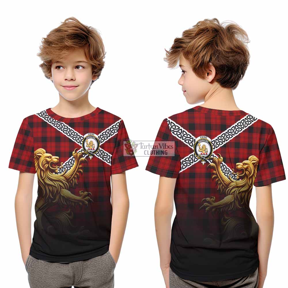 Tartan Vibes Clothing Ewing Crest Tartan Kid T-Shirt with Golden Lion Emblem Celtic Style