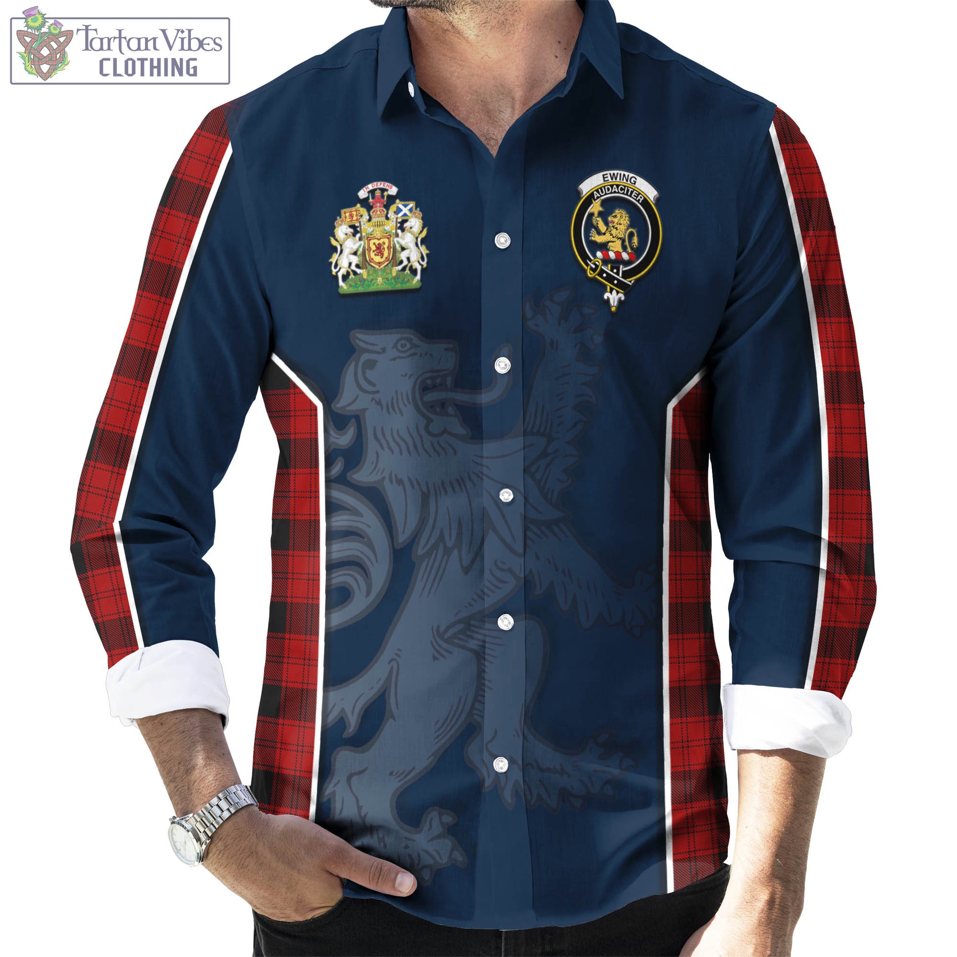 Tartan Vibes Clothing Ewing Tartan Long Sleeve Button Up Shirt with Family Crest and Lion Rampant Vibes Sport Style