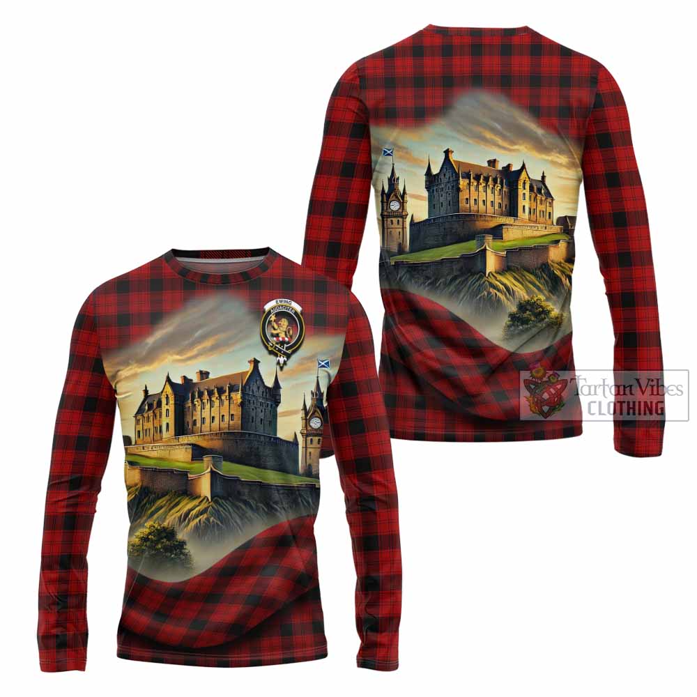 Tartan Vibes Clothing Ewing Tartan Family Crest Long Sleeve T-Shirt with Scottish Ancient Castle Style