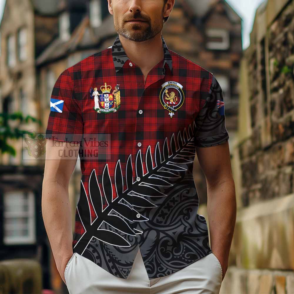 Tartan Vibes Clothing Ewing Crest Tartan Short Sleeve Button Shirt with New Zealand Silver Fern Half Style