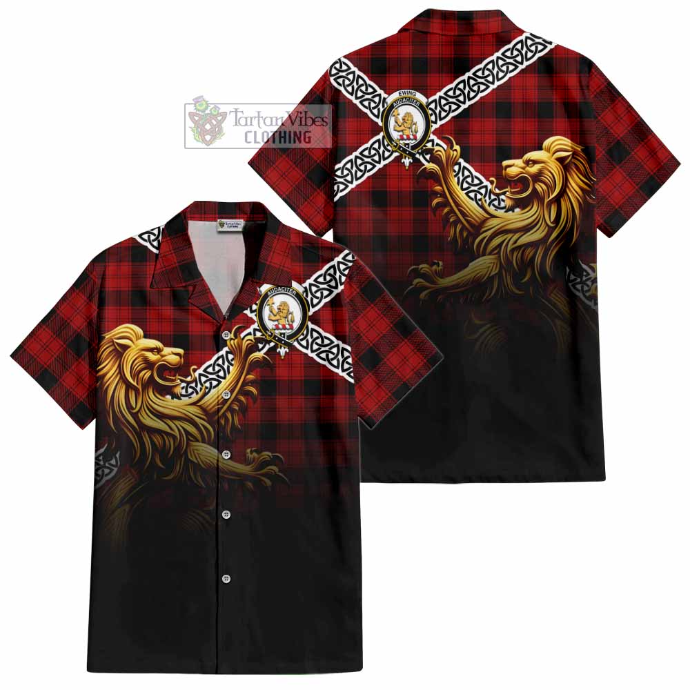 Tartan Vibes Clothing Ewing Crest Tartan Short Sleeve Button Shirt with Golden Lion Emblem Celtic Style