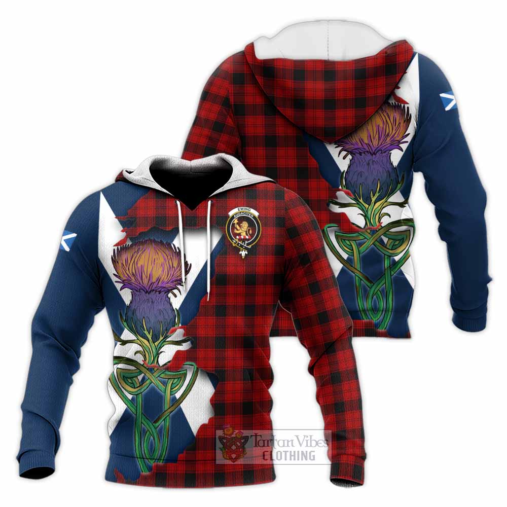 Tartan Vibes Clothing Ewing Tartan Family Crest Knitted Hoodie Scottish Thistle Celtic Inspired