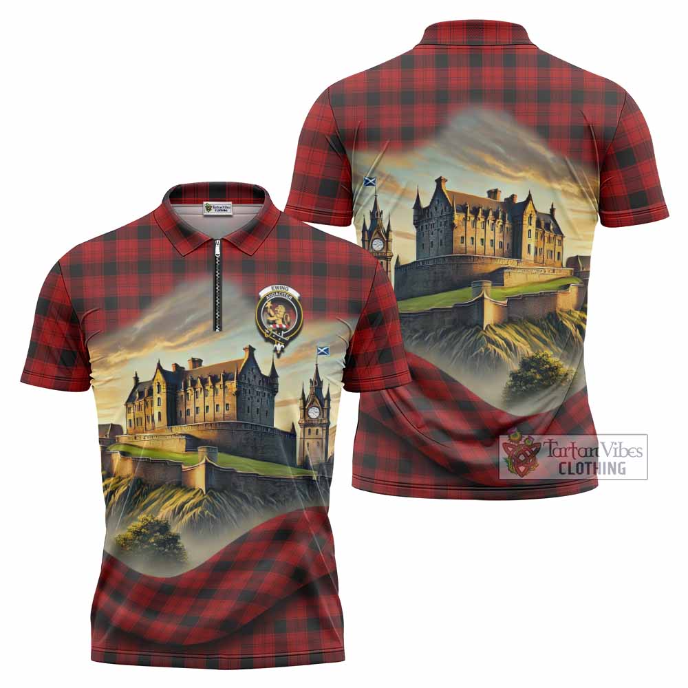 Tartan Vibes Clothing Ewing Tartan Family Crest Zipper Polo Shirt with Scottish Ancient Castle Stype