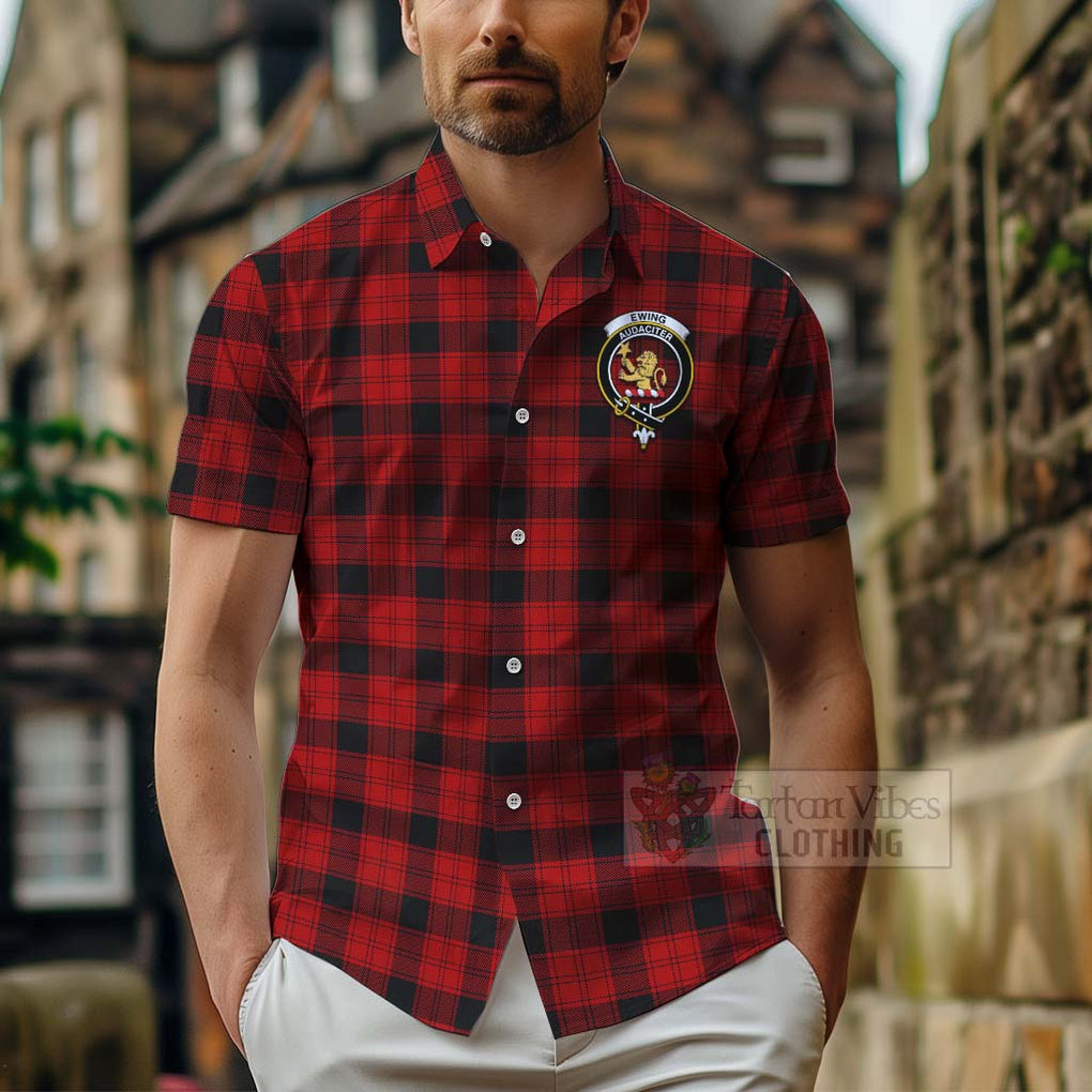 Tartan Vibes Clothing Ewing Tartan Short Sleeve Button Shirt with Family Crest Celtic Skull Style