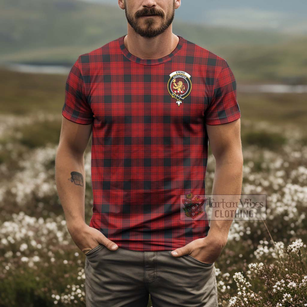 Tartan Vibes Clothing Ewing Tartan T-Shirt with Family Crest and Bearded Skull Holding Bottles of Whiskey