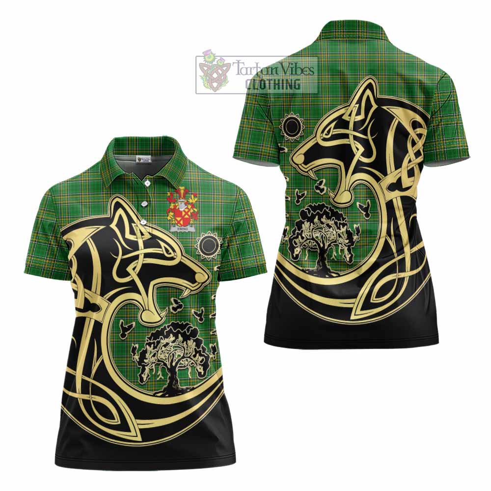 Ewing Irish Tartan Women's Polo Shirt with Coat of Arms Celtic Wolf Style - Tartan Vibes Clothing