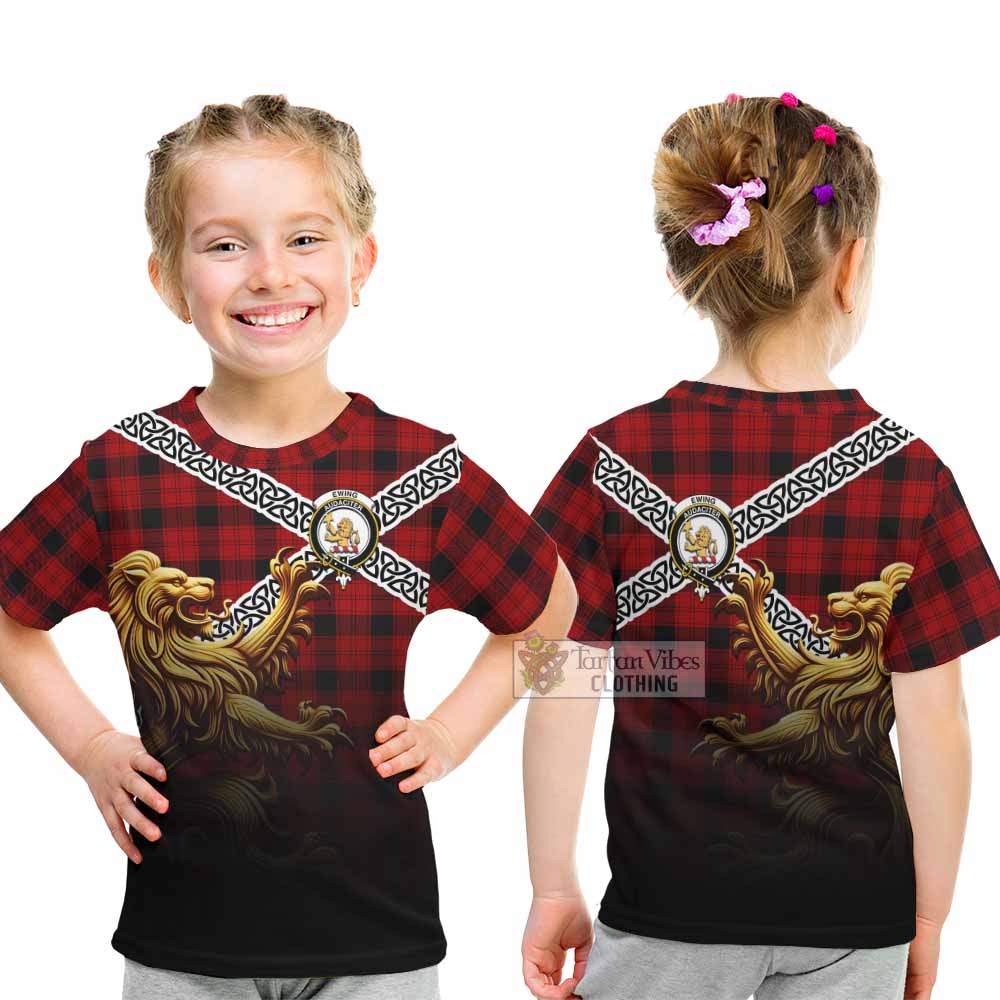 Tartan Vibes Clothing Ewing Crest Tartan Kid T-Shirt with Golden Lion Emblem Celtic Style