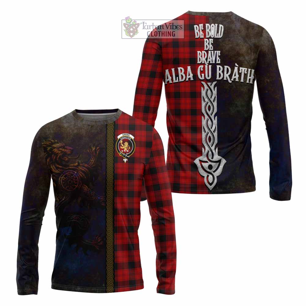 Tartan Vibes Clothing Ewing Tartan Family Crest Long Sleeve T-Shirt Alba Gu Brath Be Brave Lion Ancient Style