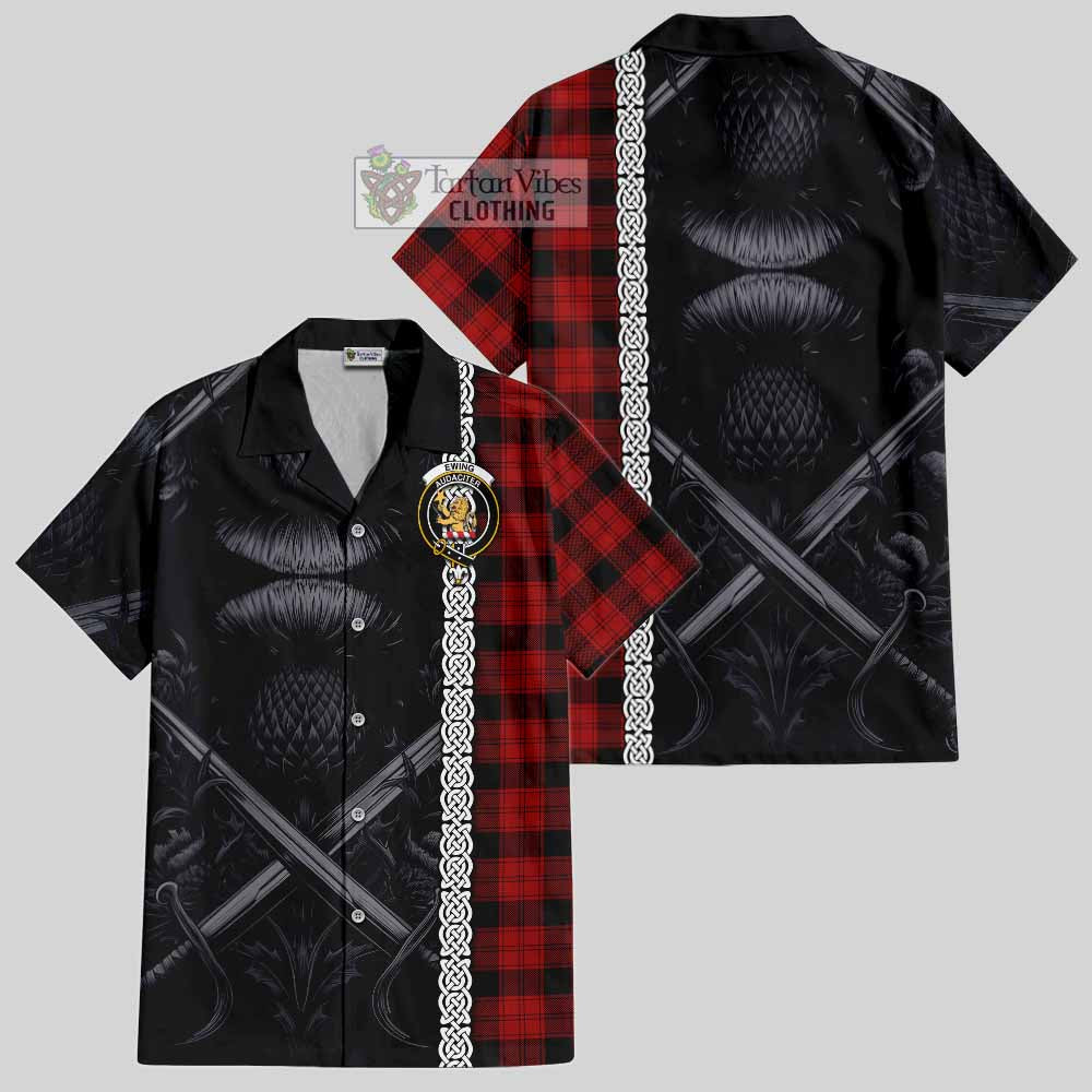 Tartan Vibes Clothing Ewing Tartan Short Sleeve Button Shirt with Family Crest Cross Sword Thistle Celtic Vibes