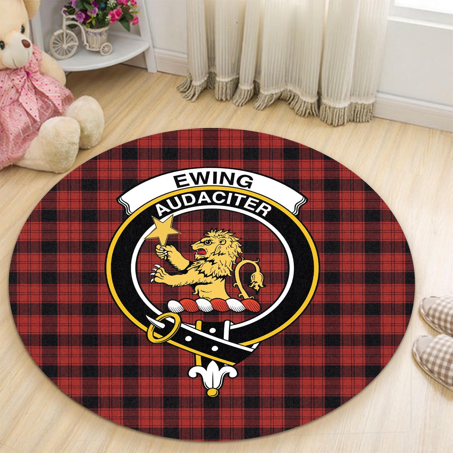 Ewing Tartan Round Rug with Family Crest - Tartanvibesclothing