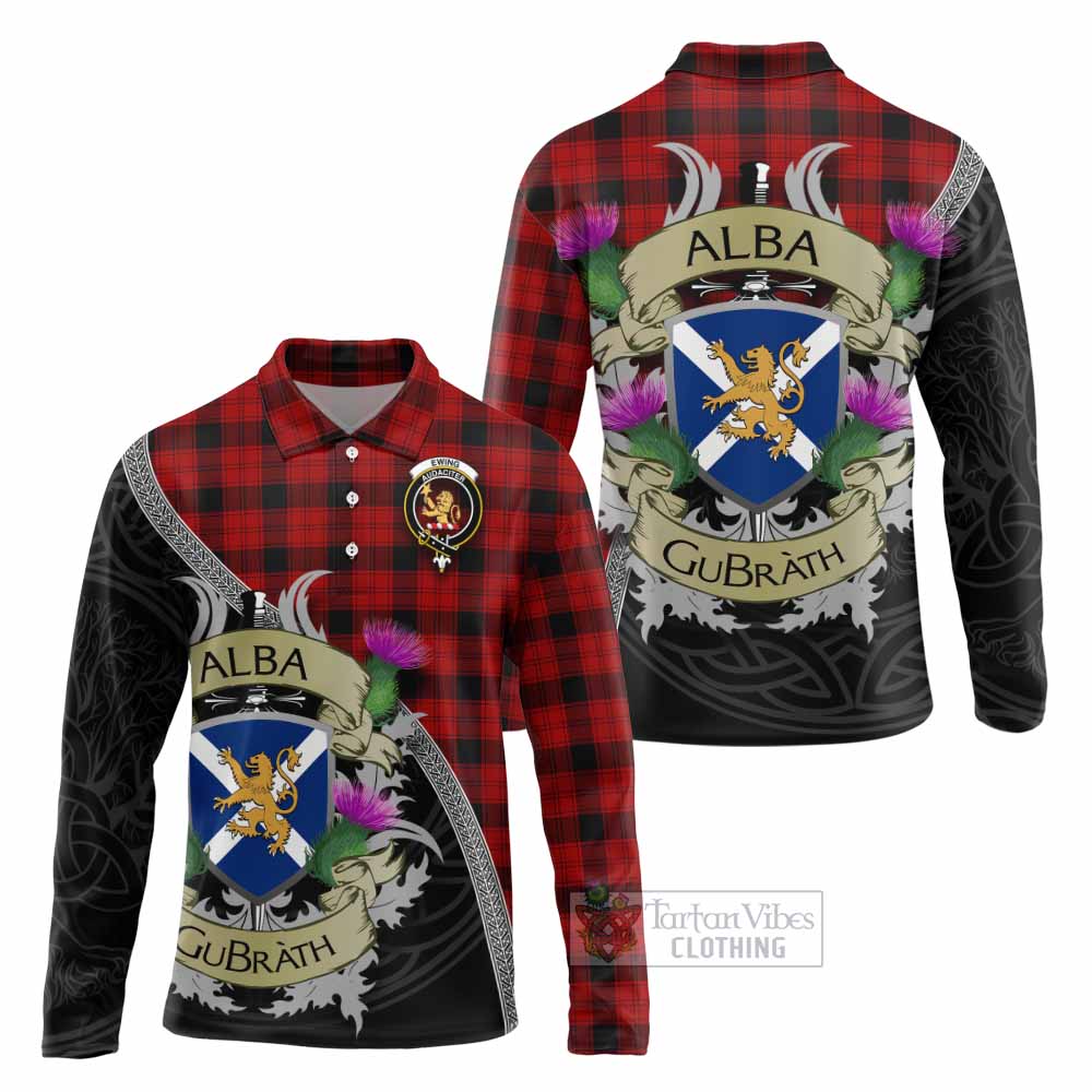 Tartan Vibes Clothing Ewing Tartan Family Crest Long Sleeve Polo Shirt Lion Rampant Royal Thistle Shield Celtic Inspired