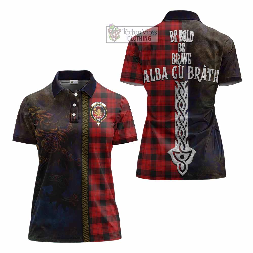 Tartan Vibes Clothing Ewing Tartan Family Crest Women's Polo Shirt Alba Gu Brath Be Brave Lion Ancient Style