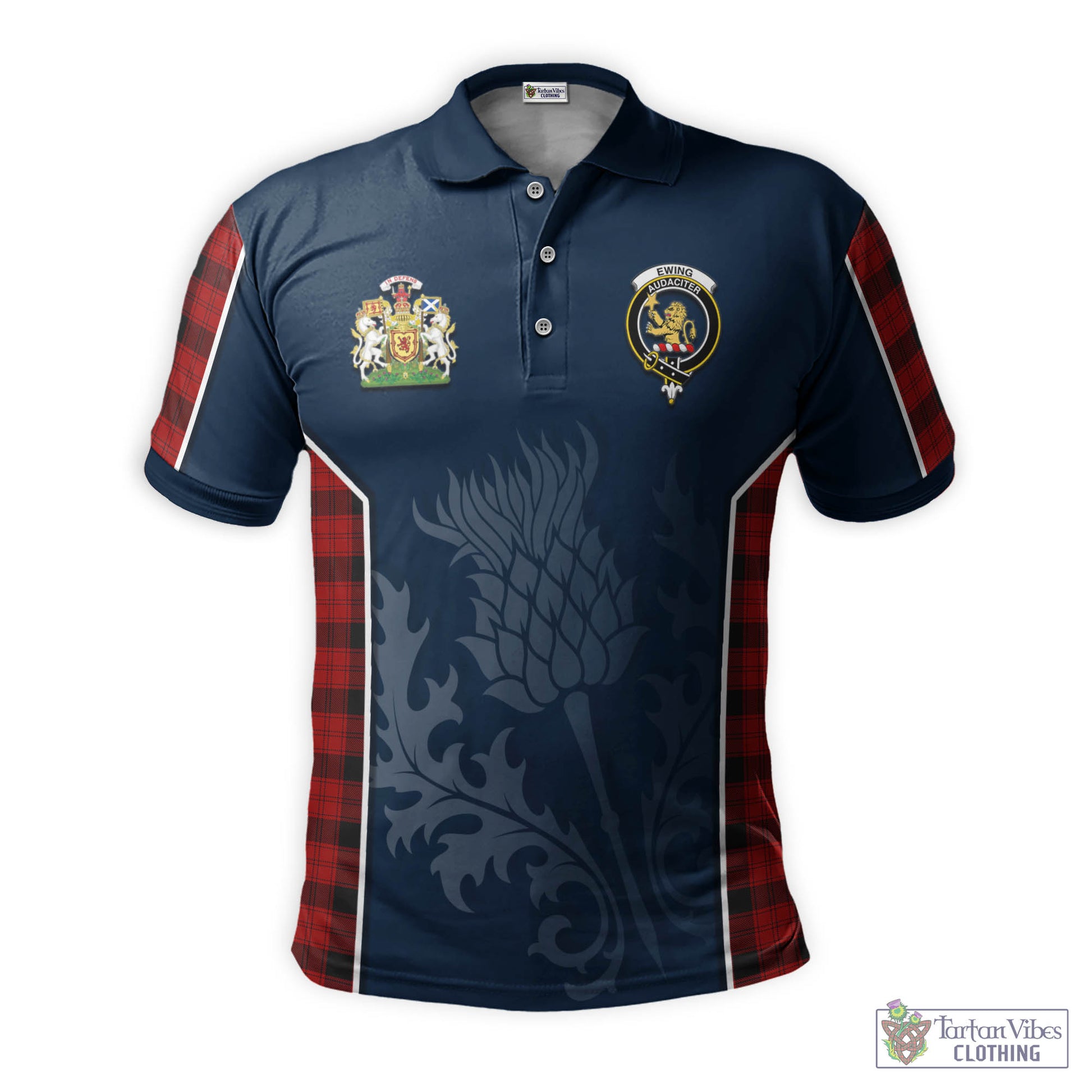 Tartan Vibes Clothing Ewing Tartan Men's Polo Shirt with Family Crest and Scottish Thistle Vibes Sport Style