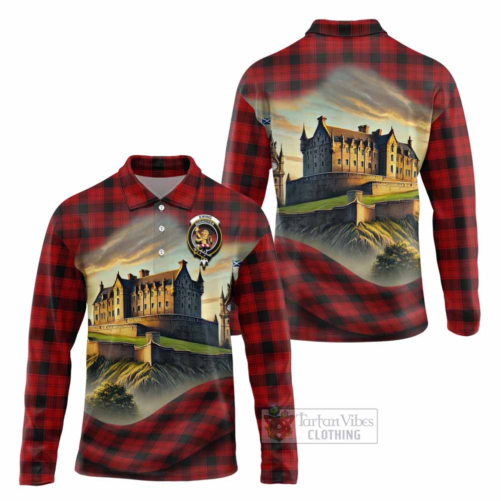 Tartan Vibes Clothing Ewing Tartan Family Crest Long Sleeve Polo Shirt with Scottish Ancient Castle Style